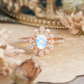 Floral Designed Cluster Ring 1 Carat Oval Cut Vintage Moonstone Ring